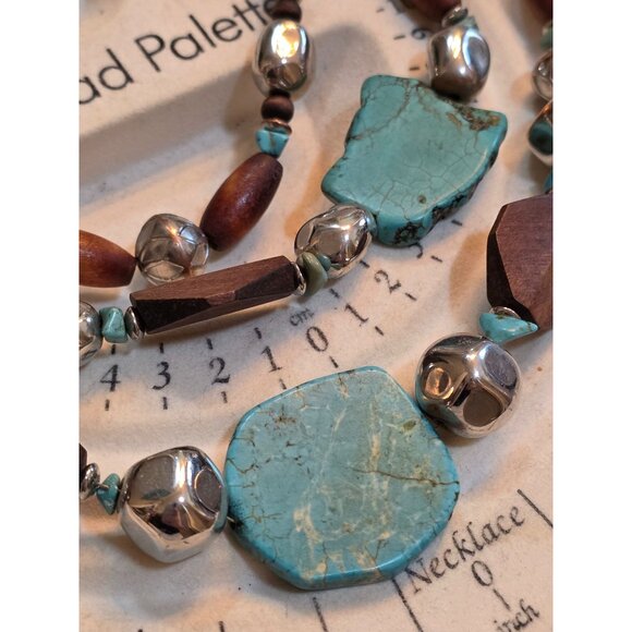 Three-Layer Wooden & Turquoise Bead Necklace With Silver‎ Accents - Picture 4 of 5